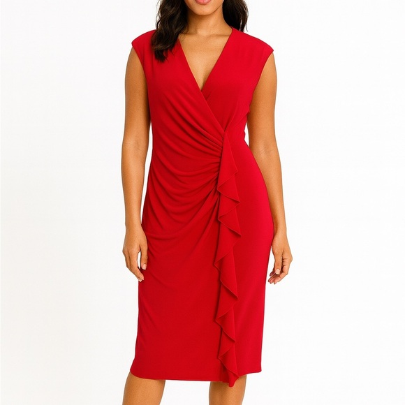 Dress Barn NWT Short Sleeve Faux Wrap Sexy Fitted Cocktail Dress in Red Size 4 - Picture 1 of 11